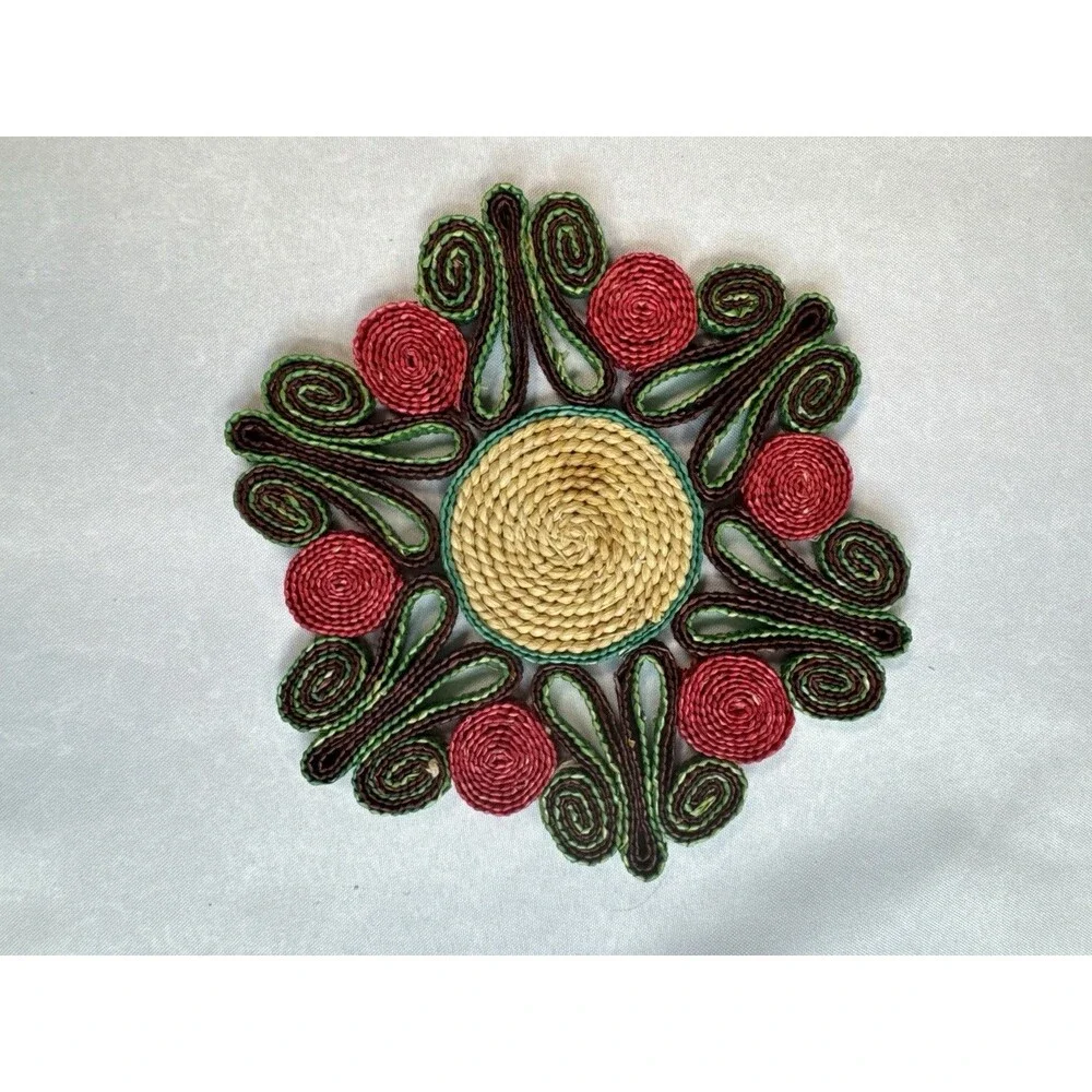 Pair Vintage 1970s Woven Straw Hot Pads Coiled Floral Trivets Boho Wall Decor